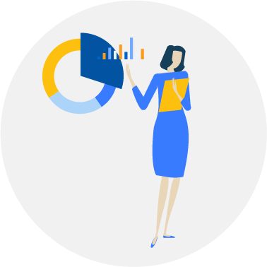 Illustration of woman standing gesturing to a graph relating to Google Ads