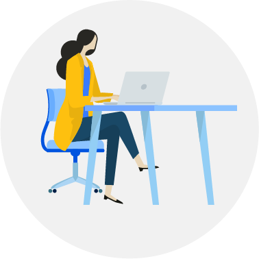 Illustration of woman sitting at a desk on computer looking at Google Ads